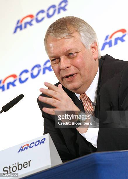 Arcor AG Chief Executive Officer Harald Stoeber speaks at the CeBIT technology fair in Hannover, Germany, Wednesday, March 14, 2007. Arcor AG, the...
