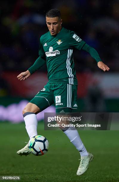 Cristian Tello of Real Betis in action during the La Liga match between Girona and Real Betis at Estadi Montilivi on April 13, 2018 in Girona, Spain.