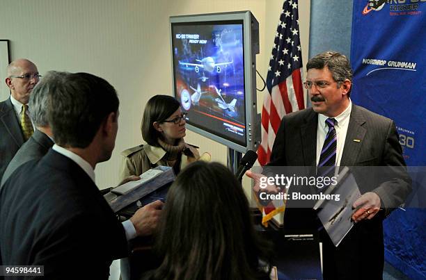 Paul Meyer, senior vice president of Air Mobility Systems and Integrated Systems at Northrop Grumman Corp., speaks to reporters following a news...