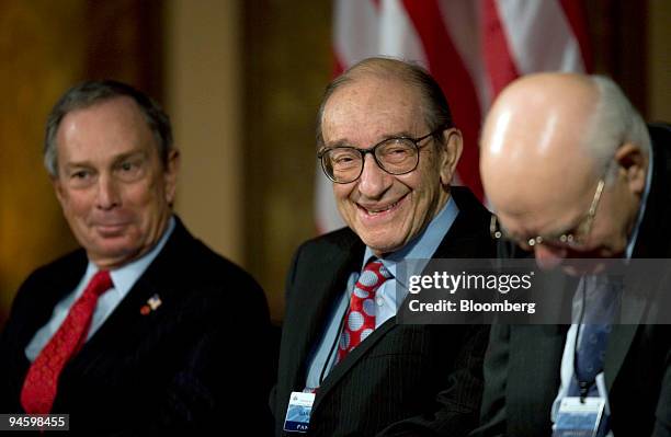 Former Federal Reserve Chairmen Alan Greenspan, center, and Paul Volcker, right, share a laugh with New York City Mayor Michael Bloomberg, left, as...