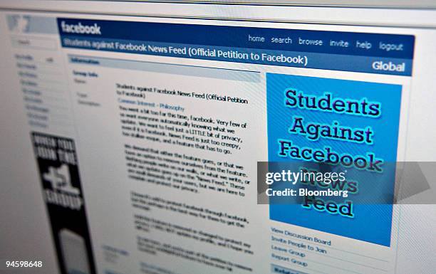 The home page of the facebook group ``Students Against Facebook News Feed'' is arranged for a photograph on a computer screen in New York, Thursday,...