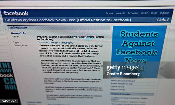 The home page of the facebook group ``Students Against Facebook News Feed'' is arranged for a photograph on a computer screen in New York, Thursday,...