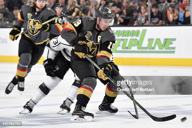 Reilly Smith of the Vegas Golden Knights skates with the puck while Tyler Toffoli of the Los Angeles Kings defends in Game Two of the Western...