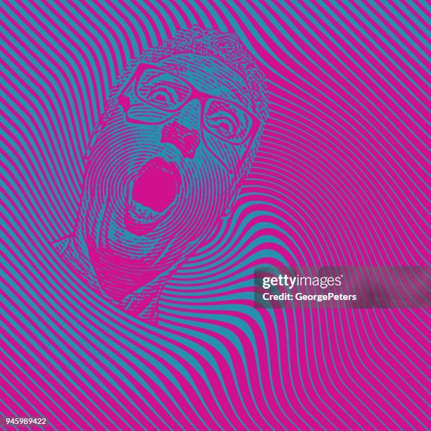 mans head with shocked facial expression and halftone pattern - panic attack old man stock illustrations