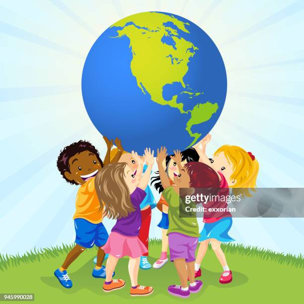 kinder schieben nach vorne die welt - kindertag stock-grafiken, -clipart, -cartoons und -symbole