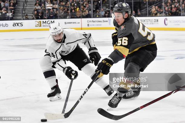 Nate Thompson of the Los Angeles Kings defends Erik Haula of the Vegas Golden Knights in Game Two of the Western Conference First Round during the...