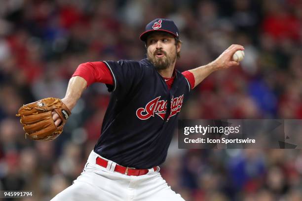 Cleveland Indians pitcher Andrew Miller delivers a pitch to the plate during the seventh inning of the Major League Baseball game between the Toronto...