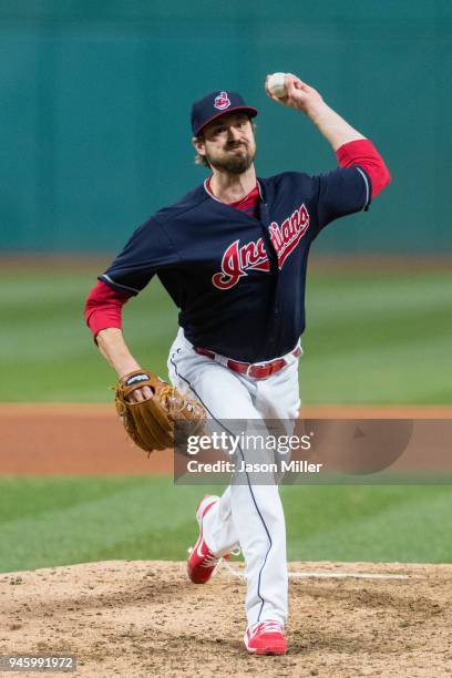 Andrew Miller of the Cleveland Indians pitches during the seventh inning against the Toronto Blue Jays at Progressive Field on April 13, 2018 in...