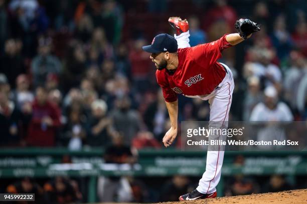 Matt Barnes of the Boston Red Sox delivers during the ninth inning of a game against the Baltimore Orioles on April 13, 2018 at Fenway Park in...