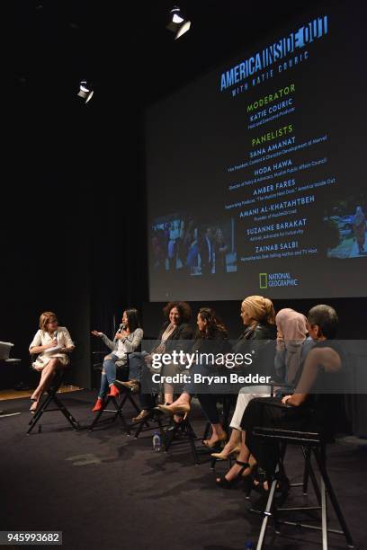 Katie Couric, Sana Amanat, Amber Fares, Hoda Hawa, Amani Al-Khatahtbeh, Suzanne Barakat, and Zainab Salbi attend National Geographic's special...