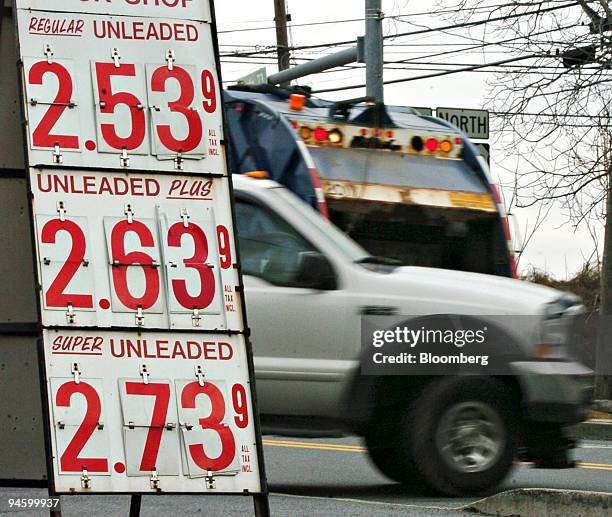 Gas prices are displayed near a passing vehicle in Reading, Pennsylvania, Tuesday, March 13, 2007. Retail sales in the U.S. Rose less than forecast...