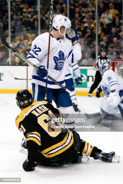 Toronto Maple Leafs defenseman Nikita Zaitsev keeps Boston Bruins right wing Rick Nash down away from play during Game 1 of the First Round for the...