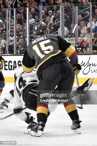 Jon Merrill of the Vegas Golden Knights checks Nate Thompson of the Los Angeles Kings in Game Two of the Western Conference First Round during the...