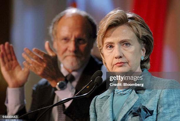 Senator Hillary Clinton of New York addresses the New Jersey Democratic State Committee's annual conference, as New Jersey Governor Jon Corzine,...