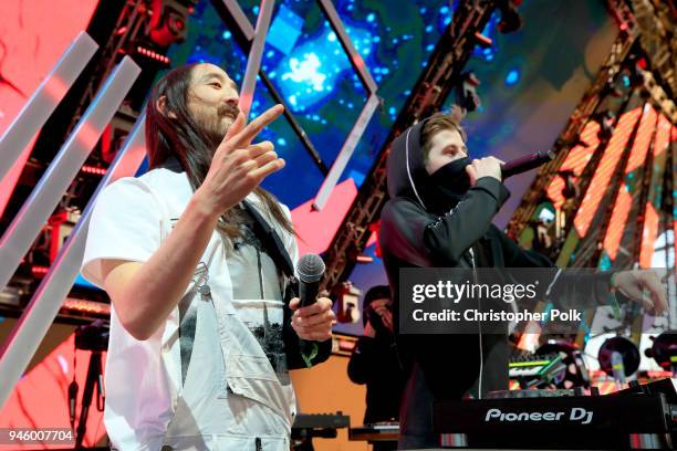 Recording Artists Steve Aoki and Alan Walker perform onstage during the 2018 Coachella Valley Music And Arts Festival at the Empire Polo Field on...