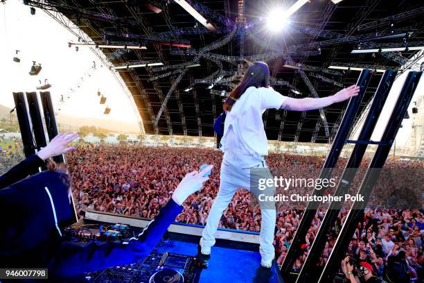 Recording Artists Alan Walker and Steve Aoki perform onstage during the 2018 Coachella Valley Music And Arts Festival at the Empire Polo Field on...