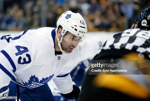 Toronto Maple Leafs center Nazem Kadri moves in for a face off in the offensive zone during Game 1 of the First Round for the 2018 Stanley Cup...
