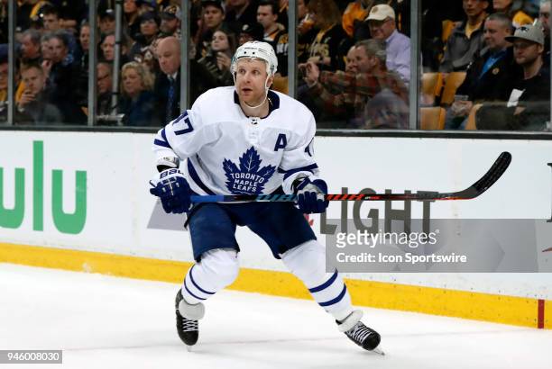 Toronto Maple Leafs left wing Leo Komarov looks for the puck during Game 1 of the First Round for the 2018 Stanley Cup Playoffs between the Boston...