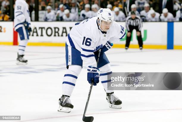 Toronto Maple Leafs right wing Mitchell Marner eyes a face off during Game 1 of the First Round for the 2018 Stanley Cup Playoffs between the Boston...
