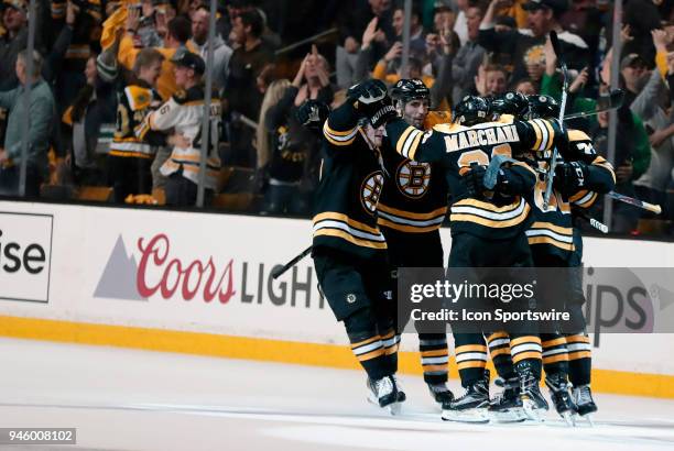 Boston celebrates the goal from Boston Bruins right wing David Pastrnak during Game 1 of the First Round for the 2018 Stanley Cup Playoffs between...