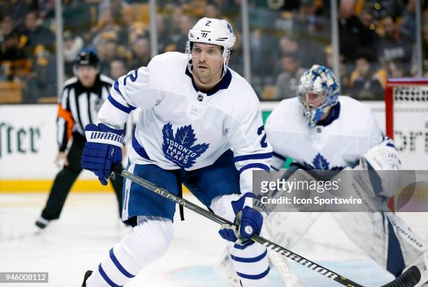 Toronto Maple Leafs defenseman Ron Hainsey defends during Game 1 of the First Round for the 2018 Stanley Cup Playoffs between the Boston Bruins and...