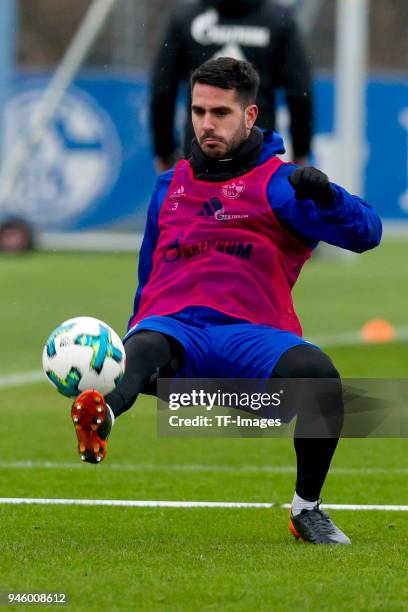 Pablo Insua of Schalke controls the ball during a training session at the FC Schalke 04 Training center on March 29, 2018 in Gelsenkirchen, Germany.