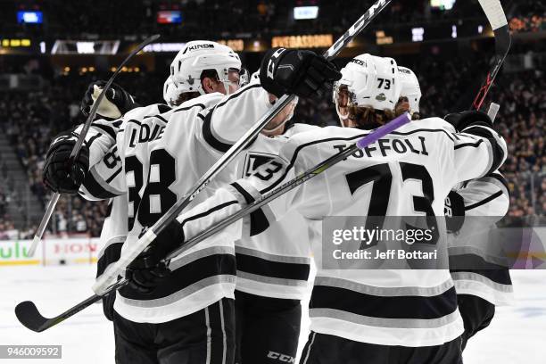 Paul LaDue celebrates his goal with Tyler Toffoli and his Los Angeles Kings teammates against the Vegas Golden Knights in Game Two of the Western...