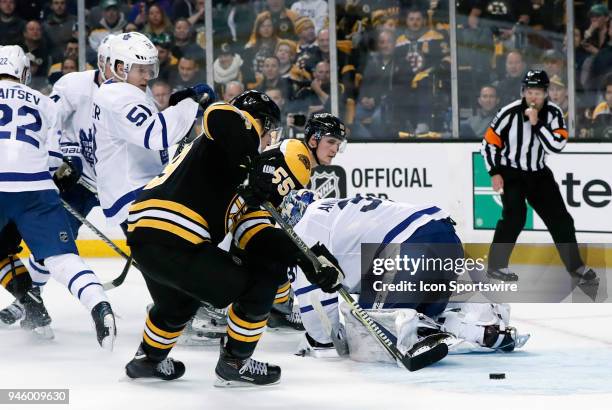 Boston Bruins center Tim Schaller moves in for the easy goal but the whistle had blown during Game 1 of the First Round for the 2018 Stanley Cup...