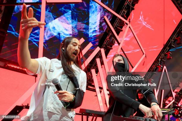 Recording Artists Steve Aoki and Alan Walker perform onstage during the 2018 Coachella Valley Music And Arts Festival at the Empire Polo Field on...