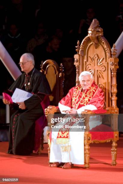 Pope Benedict XVI, right, addresses 35,000 young Catholics in the Pacaembu Municipal Stadium in Sao Paulo, Brazil, on Thursday, May 10, 2007. The...