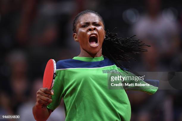 Faith Obazuaye of Nigeria reacts against Melissa Tapper of Australia during the Women's TT6-10 Singeles Gold Medal Table Tennis match on day 10 of...
