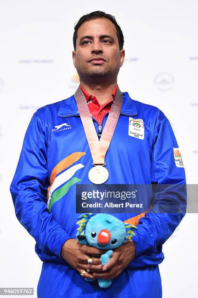 Gold medalist Snajeev Rajput of India poses after winning the Men's 50m Rifle 3P final during Shooting on day 10 of the Gold Coast 2018 Commonwealth...