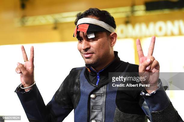 Sanjeev Rajput of India celebrates winning the Men's 50m Rifle 3P final during Shooting on day 10 of the Gold Coast 2018 Commonwealth Games at...