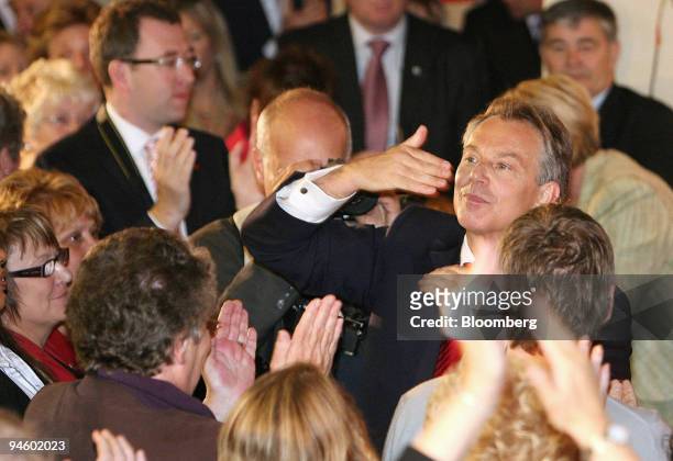 Prime Minister, Tony Blair gestures to his supporters at the Trimdon Labour Club, in Sedgefield, U.K., Thursday, May 10, 2007. Blair said he will...