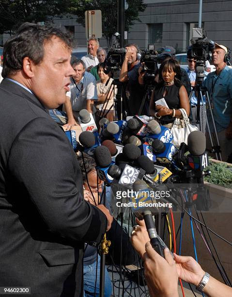Chris Christie, U. S. Attorney for New Jersey, speaks to a crowd of media in front of the U. S. Courthouse in Trenton, New Jersey, on Thursday, Sept....