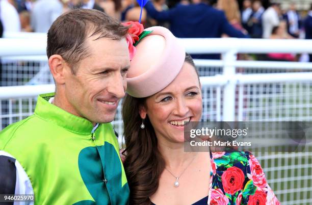 Hugh Bowman hugs wife Christine after winning race 6 The Australian Oakes during day two of The Championships as part of Sydney Racing at Royal...