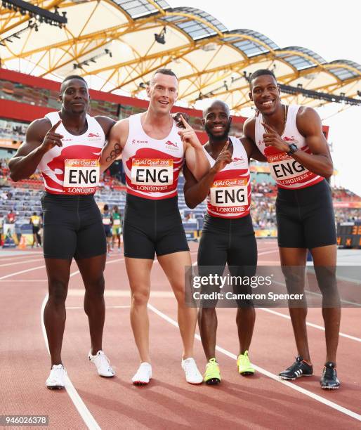 Harry Aikines-Aryeetey, Reuben Arthur, Zharnel Hughes and Richard Kilty of England celebrate as they win gold in the Men's 4x100 metres relay final...