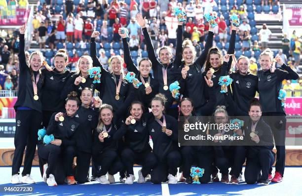 New Zealand celebrate with their Gold Medals after the Women's Gold Medal match between Australia and New Zealand during Hockey on day 10 of the Gold...