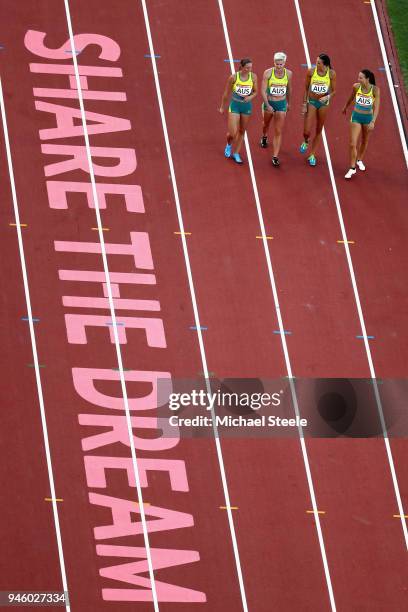 Brianna Beahan, Maddie Coates, Riley Day, Melissa Breen of Australia walk on the track after the Women's 4x100 metres relay final during athletics on...