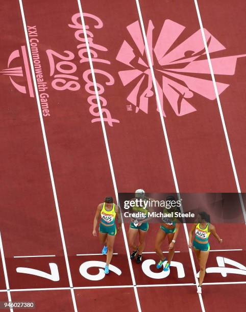 Brianna Beahan, Maddie Coates, Riley Day, Melissa Breen of Australia walk on the track after the Women's 4x100 metres relay final during athletics on...