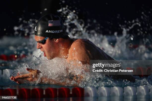 Michael Andrew competes in the Men's 100 LC Meter Breaststroke A final during day two of the TYR Pro Swim Series at the Skyline Aquatic Center on...