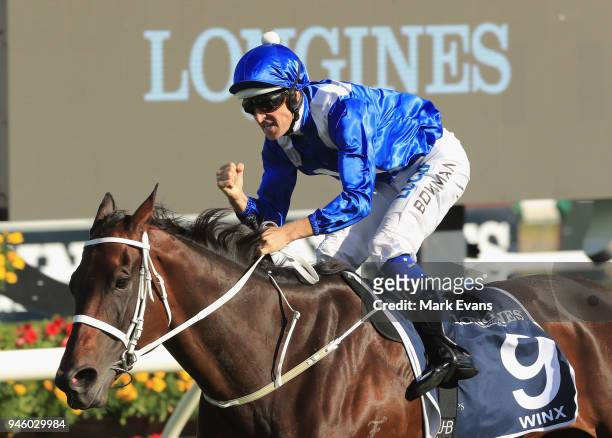 Hugh Bowman on Winx wins the Queen Elizabeth Stakes during day two of The Championships as part of Sydney Racing at Royal Randwick Racecourse on...