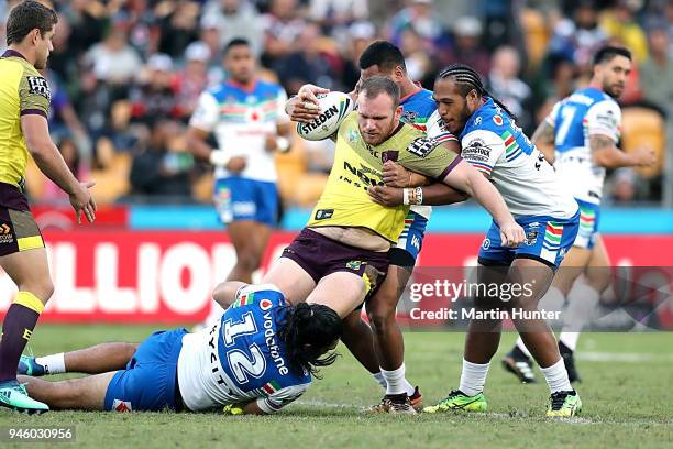 Matthew Lodge of the Broncos is takled during the round six NRL match between the New Zealand Warriors and the Brisbane Broncos at Mt Smart Stadium...