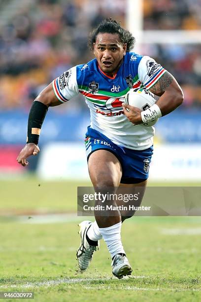 Solomone Kata makes a break during the round six NRL match between the New Zealand Warriors and the Brisbane Broncos at Mt Smart Stadium on April 14,...