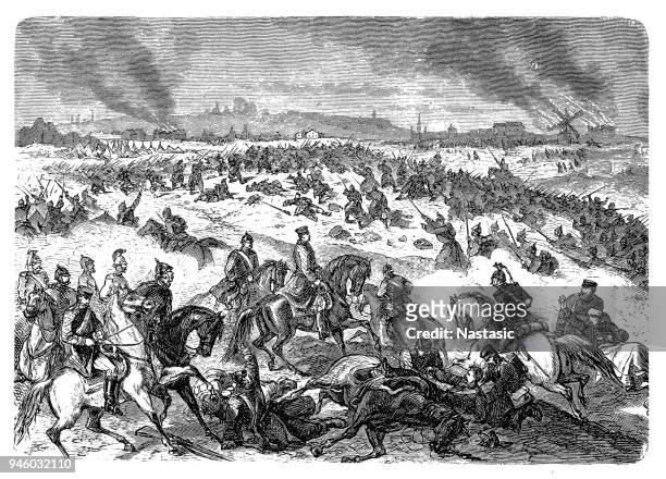 die schlacht von saint-quentin am 19. januar 1871 zwischen der französischen armee und der deutschen 1. armee war eine schlacht des deutsch-französischen krieges - konflikt stock-grafiken, -clipart, -cartoons und -symbole