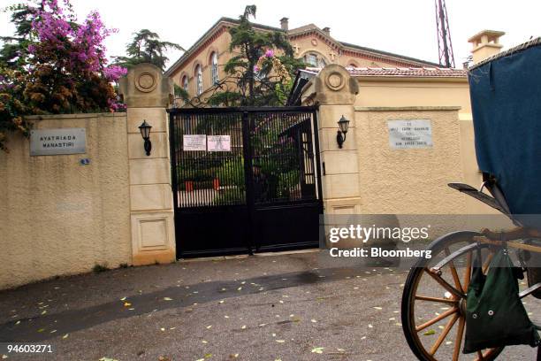 An exterior view of the gate to the Aya Triada Monasatary and Halki seminary, on the island of Halki in the Marmara Sea, near Istanbul, Turkey,...