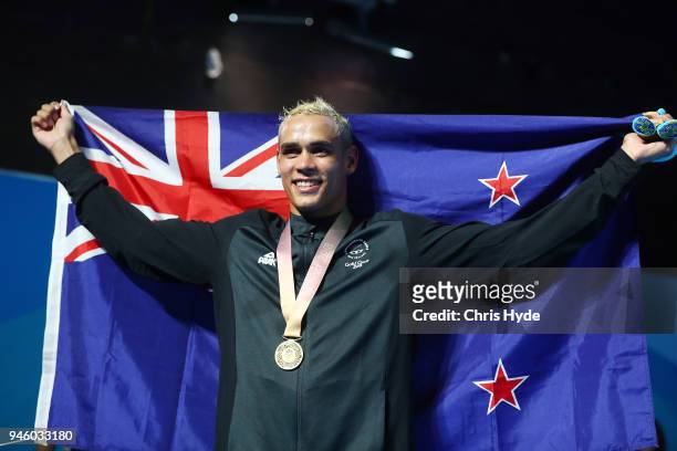 David Nyika of New Zealand celebrates a Gold medal in the Men's 91kg Final Boxing Bout on day 10 of the Gold Coast 2018 Commonwealth Games at...