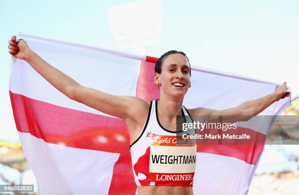 Laura Weightman of England celebrates winning bronze in the Women's 5000 metres final during athletics on day 10 of the Gold Coast 2018 Commonwealth...