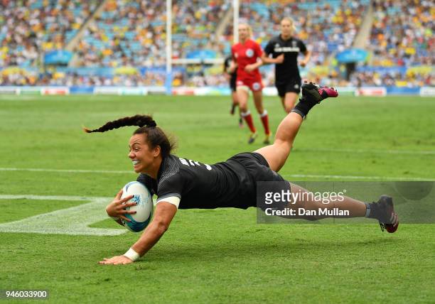 Stacey Waaka of New Zealand dives over for a try during Rugby Sevens Women's Pool A match between New Zealand and Canada on day 10 of the Gold Coast...