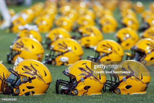 Arizona State Sun Devils helmets lined up before the Arizona State Sun Devils spring football game on April 13, 2018 at Sun Devil Stadium in Tempe,...